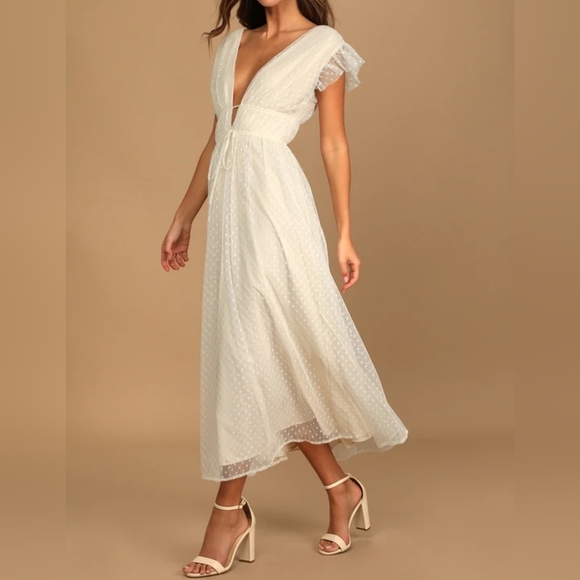 Lulus Yours Evermore Cream Swiss Dot Ruffled V-Neck Midi Dress - Size XL - Picture 5 of 14